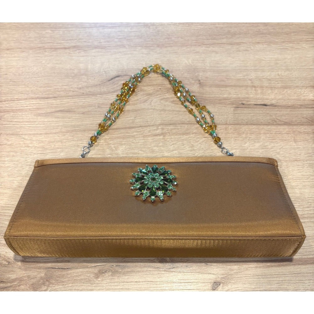 Bronze Satin Evening Clutch‎ Bag Green Rhinestone Brooch Beaded Handle Crossbody